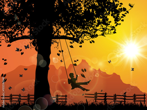 A Boy Under Sunset, Playing On A Swing