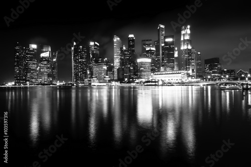 Night views of Singapore  Marina Bay panorama  black and white photo.