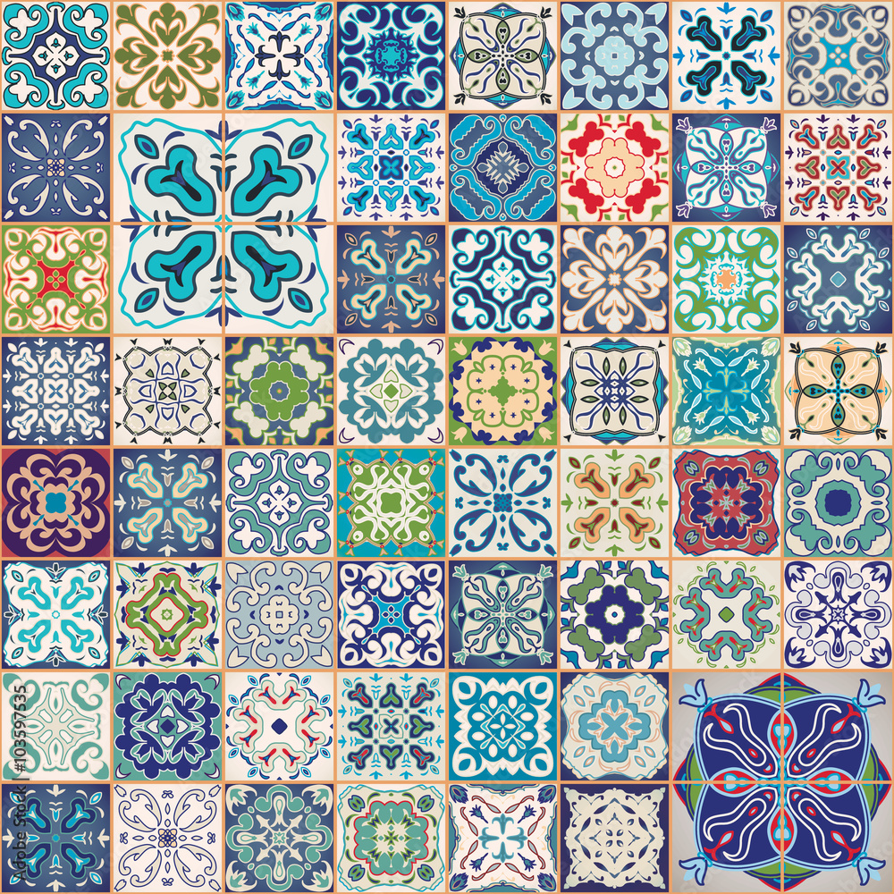 Mega Gorgeous seamless patchwork pattern from colorful Moroccan, Portuguese tiles, Azulejo, ornaments.. Can be used for wallpaper, pattern fills, web page background,surface textures.