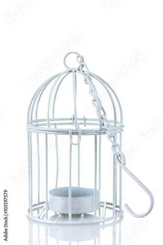 small white cage with a hook standing on a white isolated background