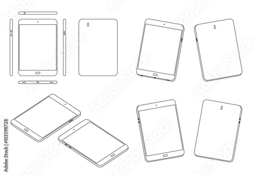 Tablet top, front, back, side, bottom and perspective 3d view outline set black and white color isolated on white background