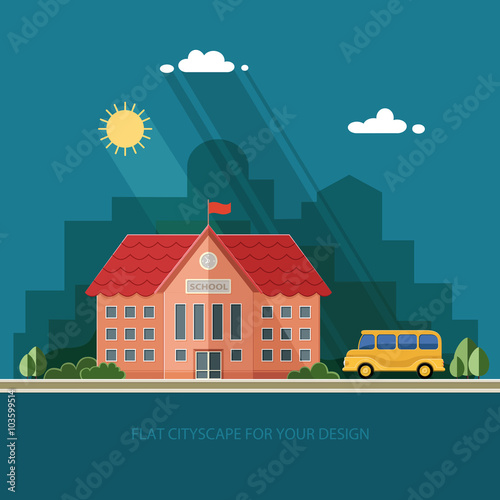 Welcome back to school. Building and school bus on the backgroun © subjob