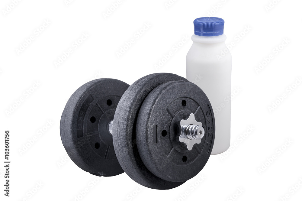 Milk in a glass and Big black dumbells ,over white background Milk in a glass and Big black dumbells ,over white background