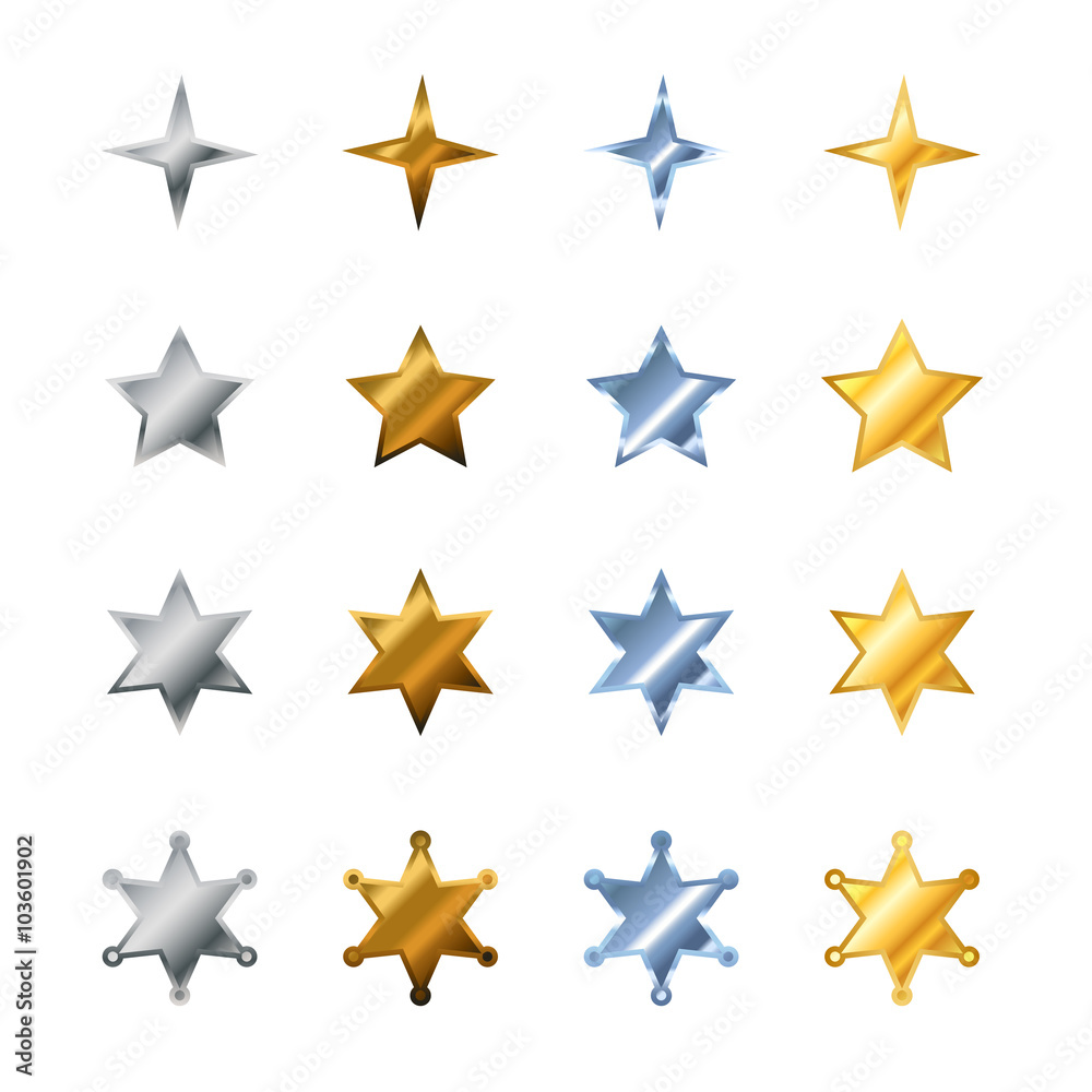 Different stars made from steel, bronze, silver and gold Different stars made from steel, bronze, silver and gold