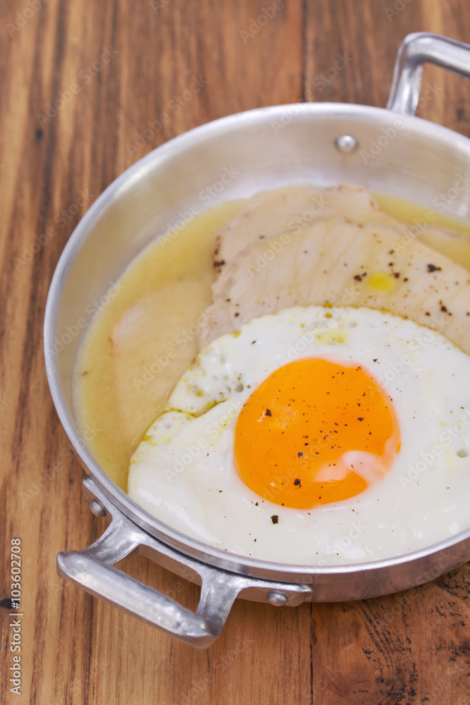 fried meat with sauce and fried egg in dish fried meat with sauce and fried egg in dish
