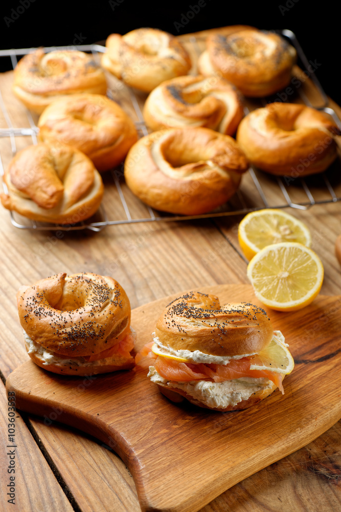 Healthy freshly baked bagel filled with smoked salmon lax and cream cheese Healthy freshly baked bagel filled with smoked salmon lax and cream cheese