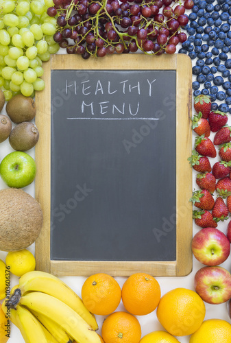 Black chalkboard for healthy menu with fruit