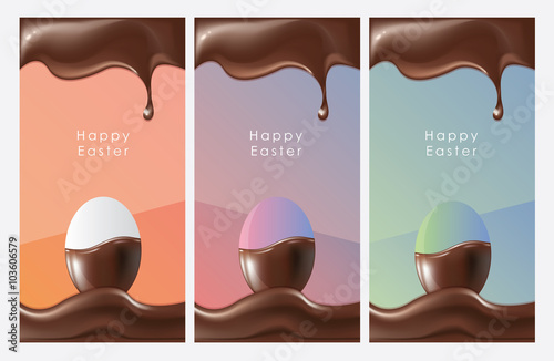 Tasty Happy Easter banners with egg candy dipped in chocolate. Chocolate borders decoration, chocolate header and footer for app user interface design. Colorful gradients