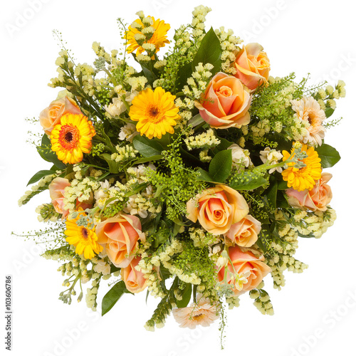 Bouquet of flowers top view isolated on white