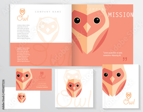 Contemporary modern minimalistic corporate identity stationery set with flat design owl logo element in pink and orange color hues