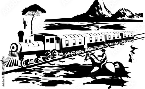 Wildwest illustration. Train on prairie, cowboy and vector landscape.