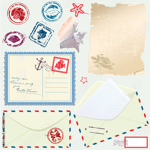 Postcard, envelope and paper with Retro nautical Stamps - for de