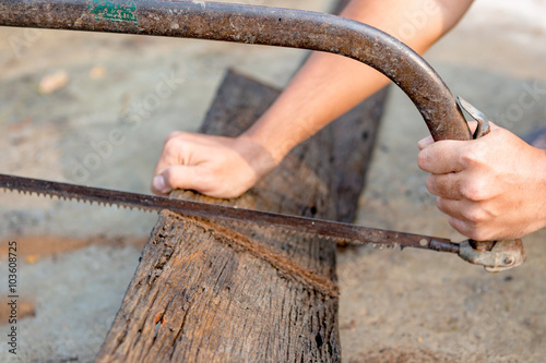 hands of a carpenter or woodworker using a hacksaw to cut the ol photo