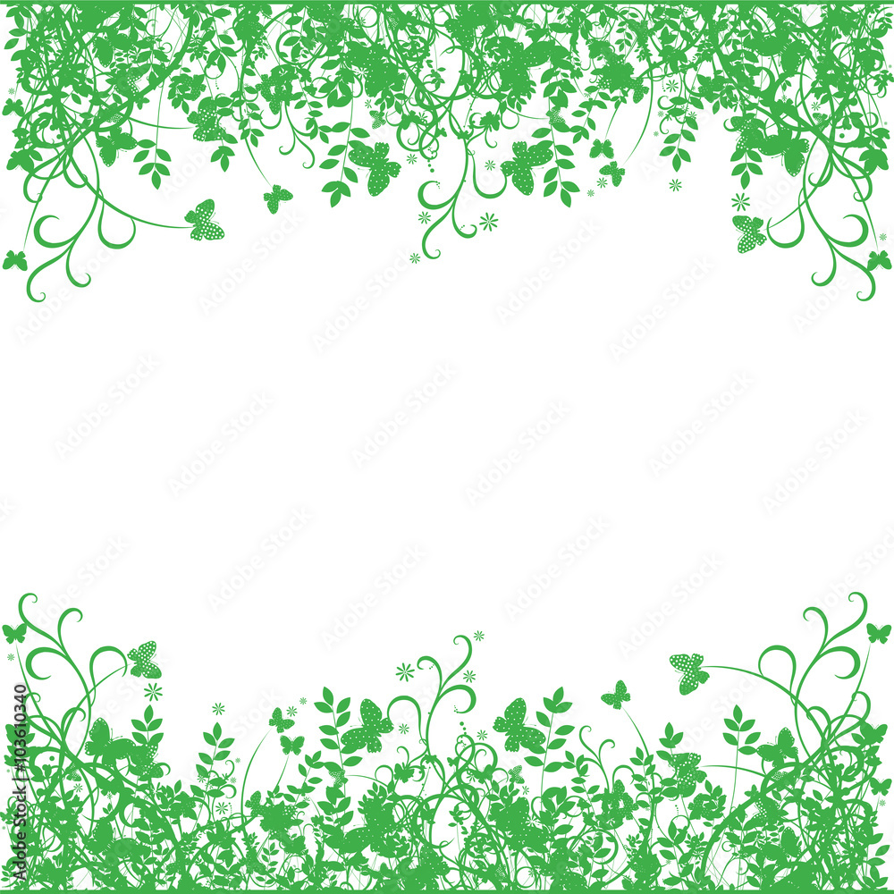 Spring ornaments, grass and butterflies on a white background