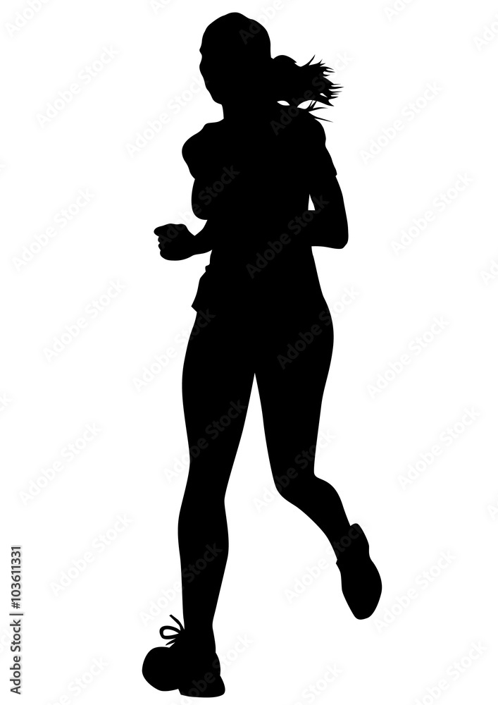 Woman athletes on running race on white background