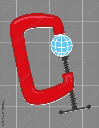 Stylized globe of the Earth being squeezed in a clamp or vise tool as a concept for the economy or environment being under pressure