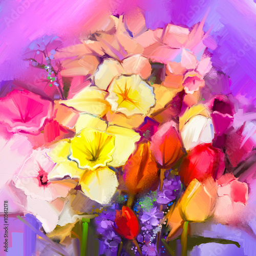 Still life of yellow and red color flowers .Oil painting a bouquet of daffodil and tulip flowers . Hand Painted floral Impressionist style.