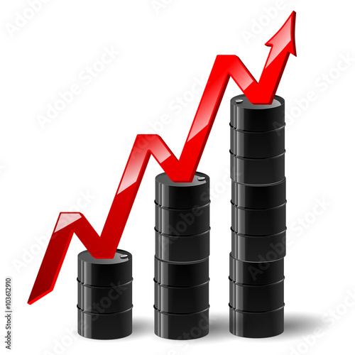 Vector illustration of black metal oil barrel with finance graph and a red arrow showing an increase