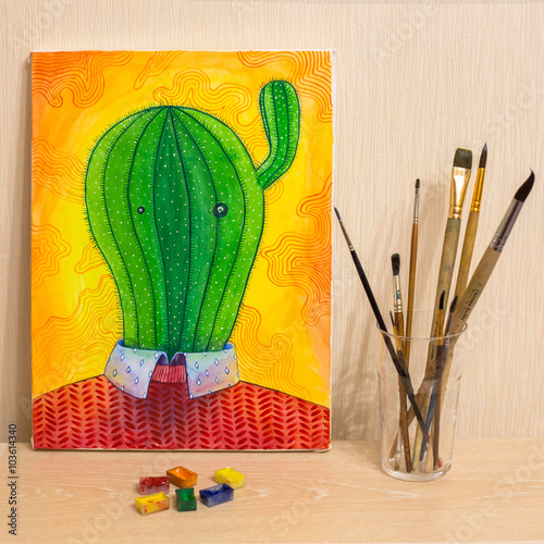Mr Cactus colorful watercolor artwork photo
