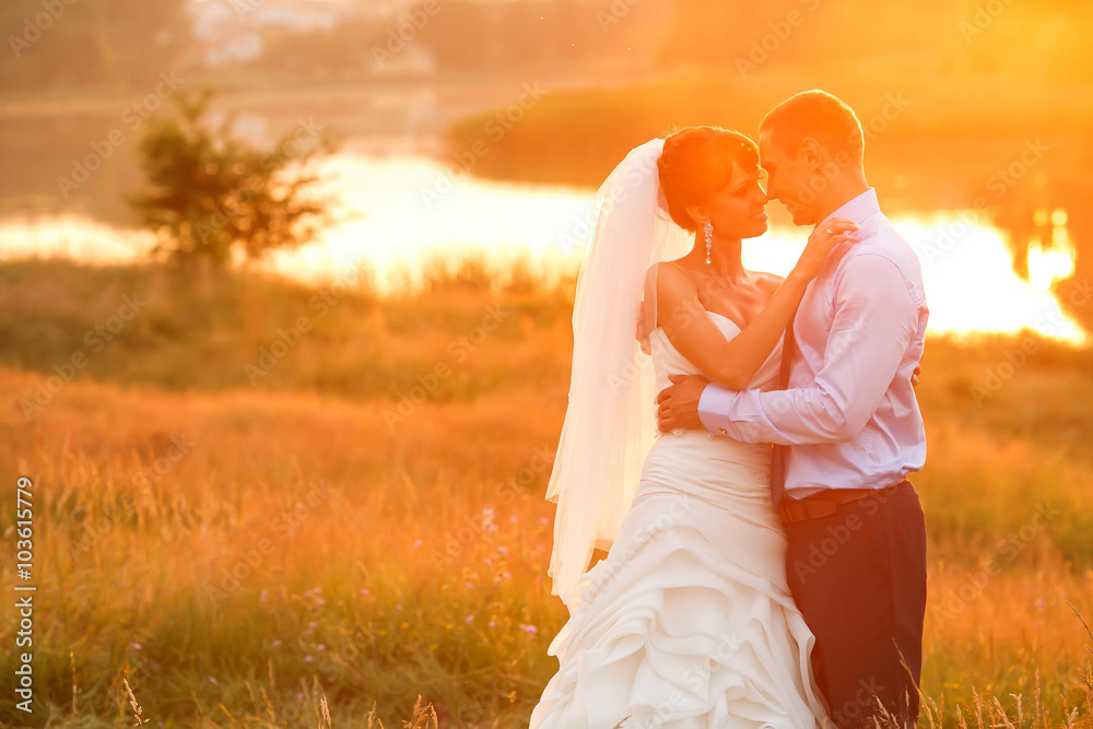 groom and bride is hugging on the background beautiful sunset groom and bride is hugging on the background beautiful sunset