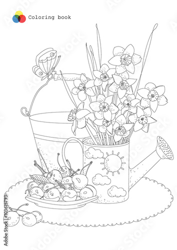 Still life with watering can, garden flowers and cherries for coloring book. Vector doodle floral illustration in black and white.