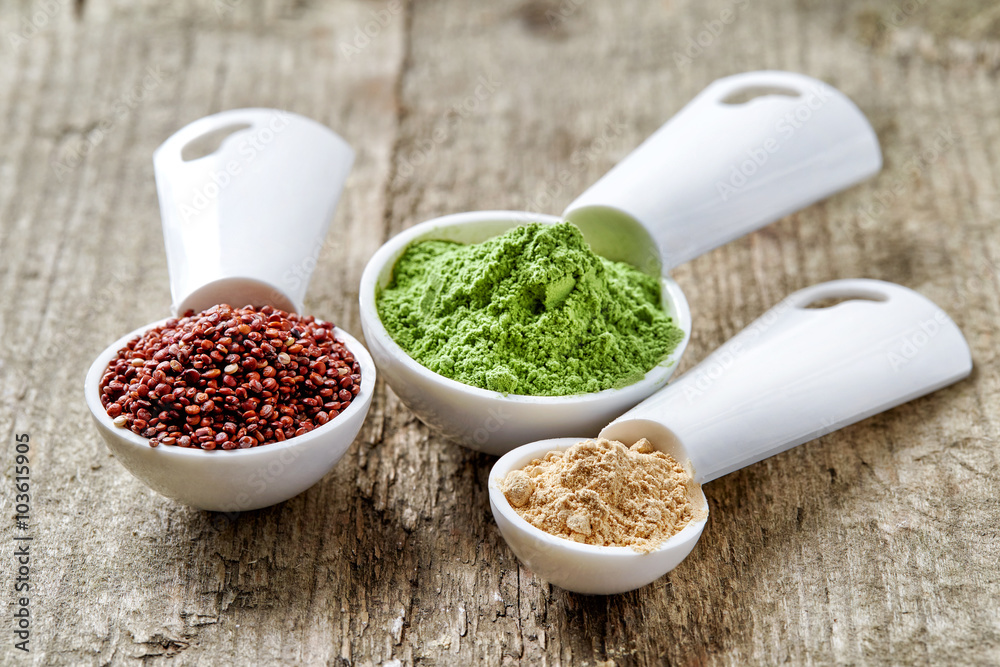 Barley or wheat grass powder, red quinoa and maca powder Barley or wheat grass powder, red quinoa and maca powder