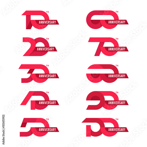 The set of anniversary signs from 10th to 100th. Simple vector design elements. 