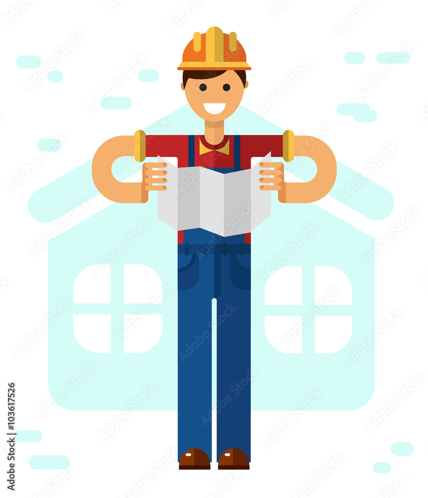Vector flat style illustration of young smiling construction builder or worker in hardhat, standing with paper work isolated on white background.