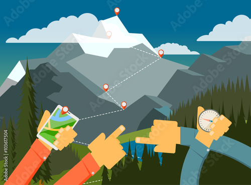 People are looking for the way, walk in the forest, walking in the mountains. Hiking, vector illustration.