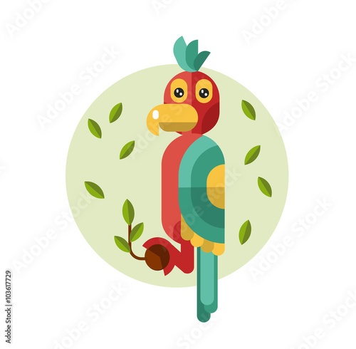 Cute geometric kakadu or parrot on branch with leafs. Vector flat design stock illustration.