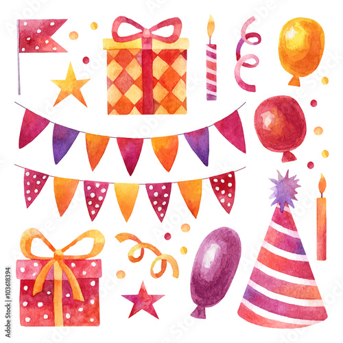 Birthday party set with red and yellow watercolor elements