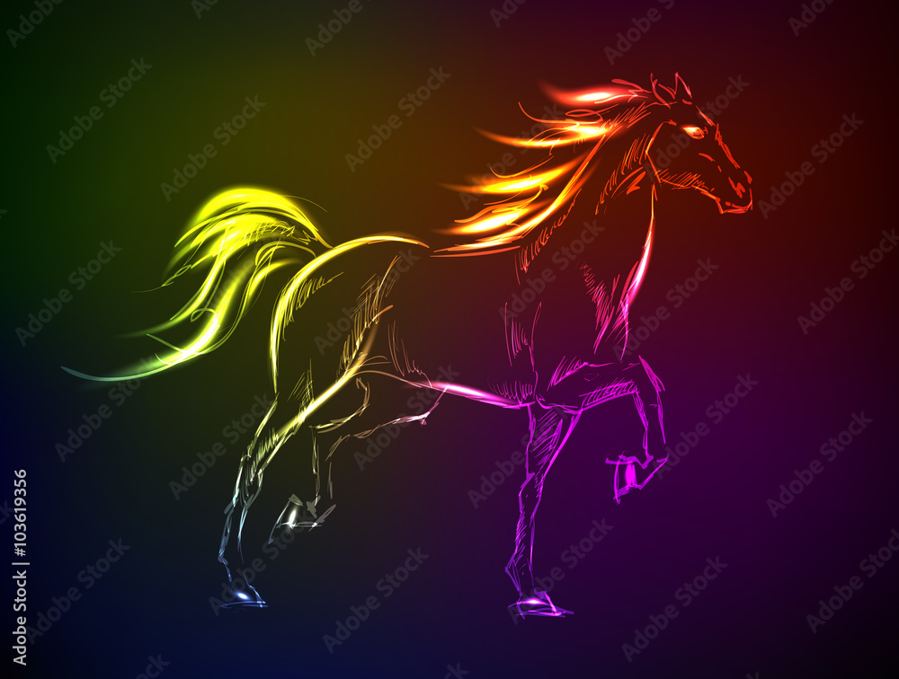 Horses. Hand-drawn neon illustration Horses. Hand-drawn neon illustration