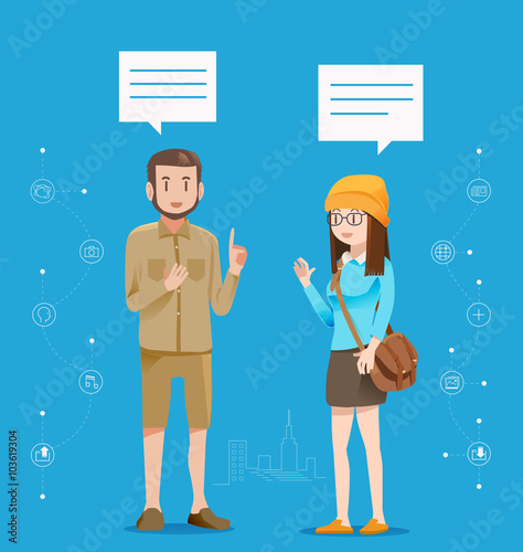 Communicate on a daily basis.Urban people are talking about social media.Greeting between friends.Exchange of ideas.The opinion of adolescents in the city.Graphic design and vector EPS 10.
