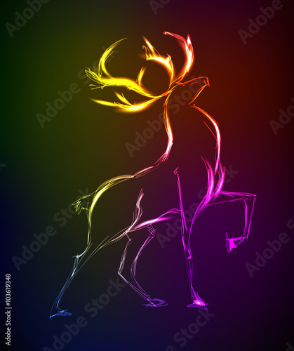 Neon sketch. Doe standing. Vector illustration.