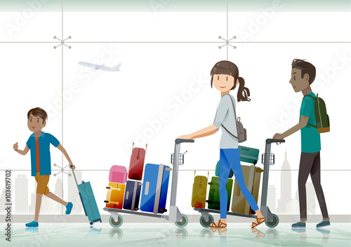 The tourist pushing baggage cart at the airport.Using a cart for moving luggage.Travel by plane happily.Travel with family on vacation.Walking in the airport.Graphic design and EPS 10.