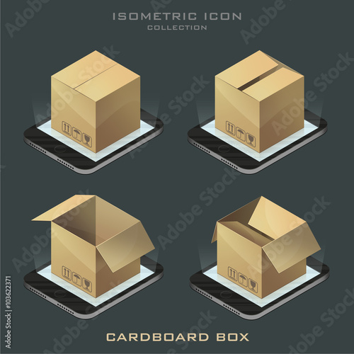 Illustration set of dark isometric cardboard box