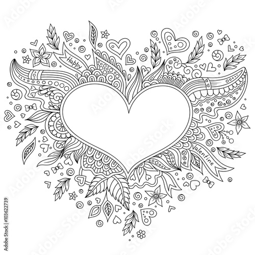 Coloring page flower heart St Valentine's day greeting card