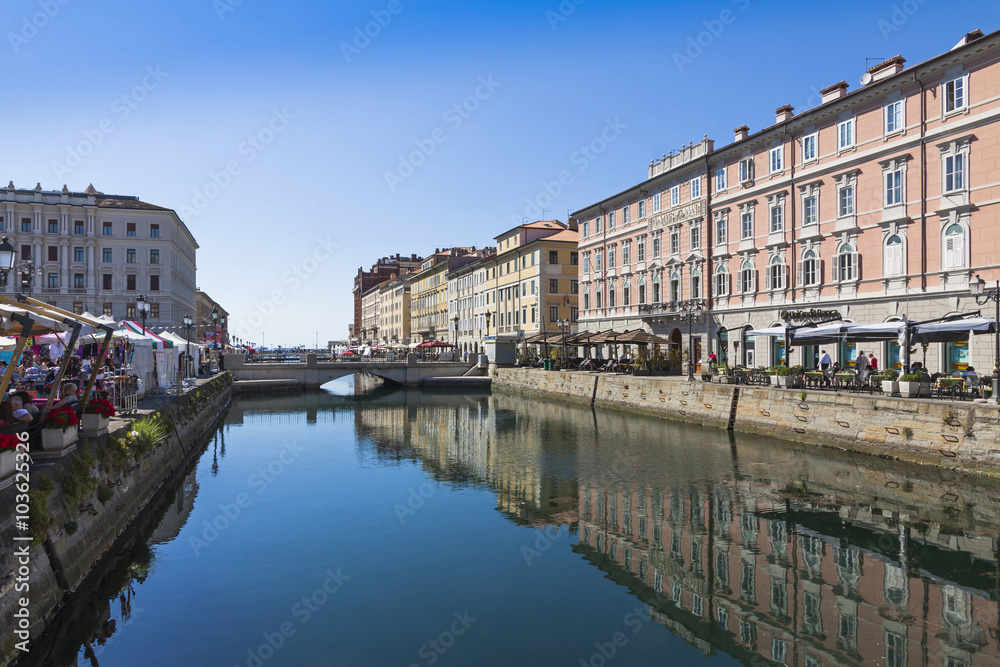 Buildings reflected in the calm sea water of the Canal Grande, T