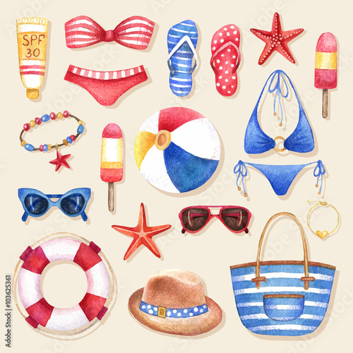 Fashion set of watercolor woman’s beach accessories