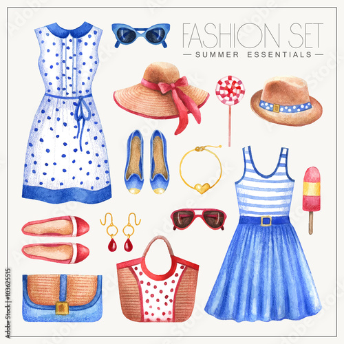Fashion watercolor woman's outfit with dresses and hats