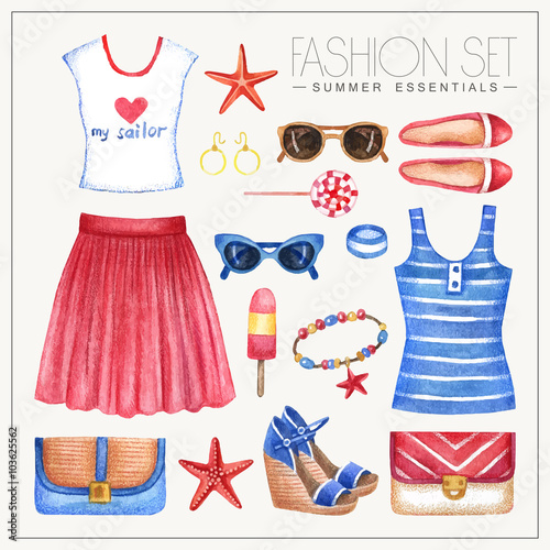 Fashion watercolor woman's outfit with skirt, tops and shoes