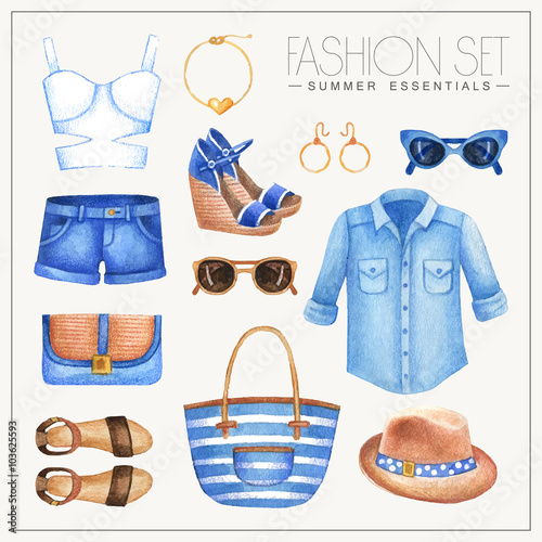  Fashion watercolor woman's outfit with shirt, shorts and top