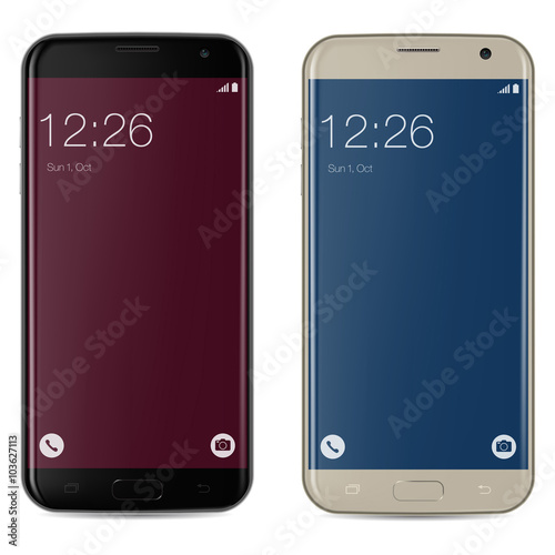 Smartphone black and gold with red and blue locked home screen isolated