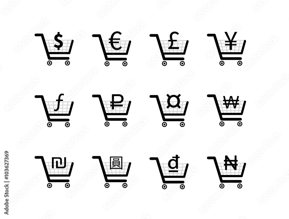 Shopping carts icons with main currency signs inside Shopping carts icons with main currency signs inside