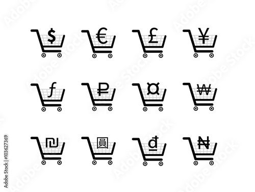 Shopping carts icons with main currency signs inside