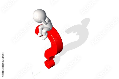 3d man thinking with red question marks over white background