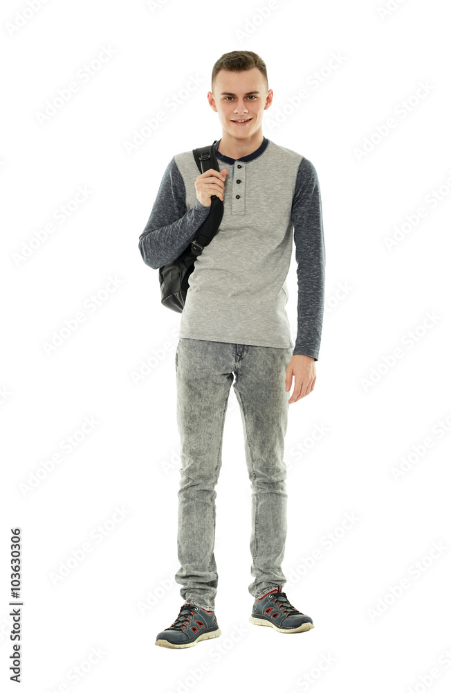 Teenage student with backpack on white Teenage student with backpack on white