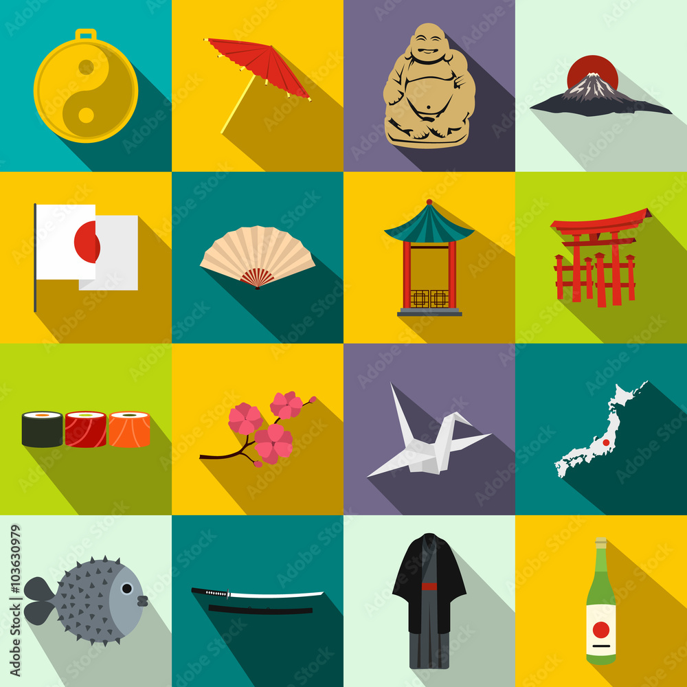 Japan icons set flat