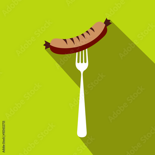 Sausage on a fork flat icon, flat style 