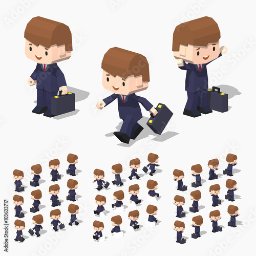 Low poly businessman with a briefcase in his hand. Red hair, white skin and the black suit. 3D lowpoly isometric vector illustration. The set of objects isolated against the white background and shown